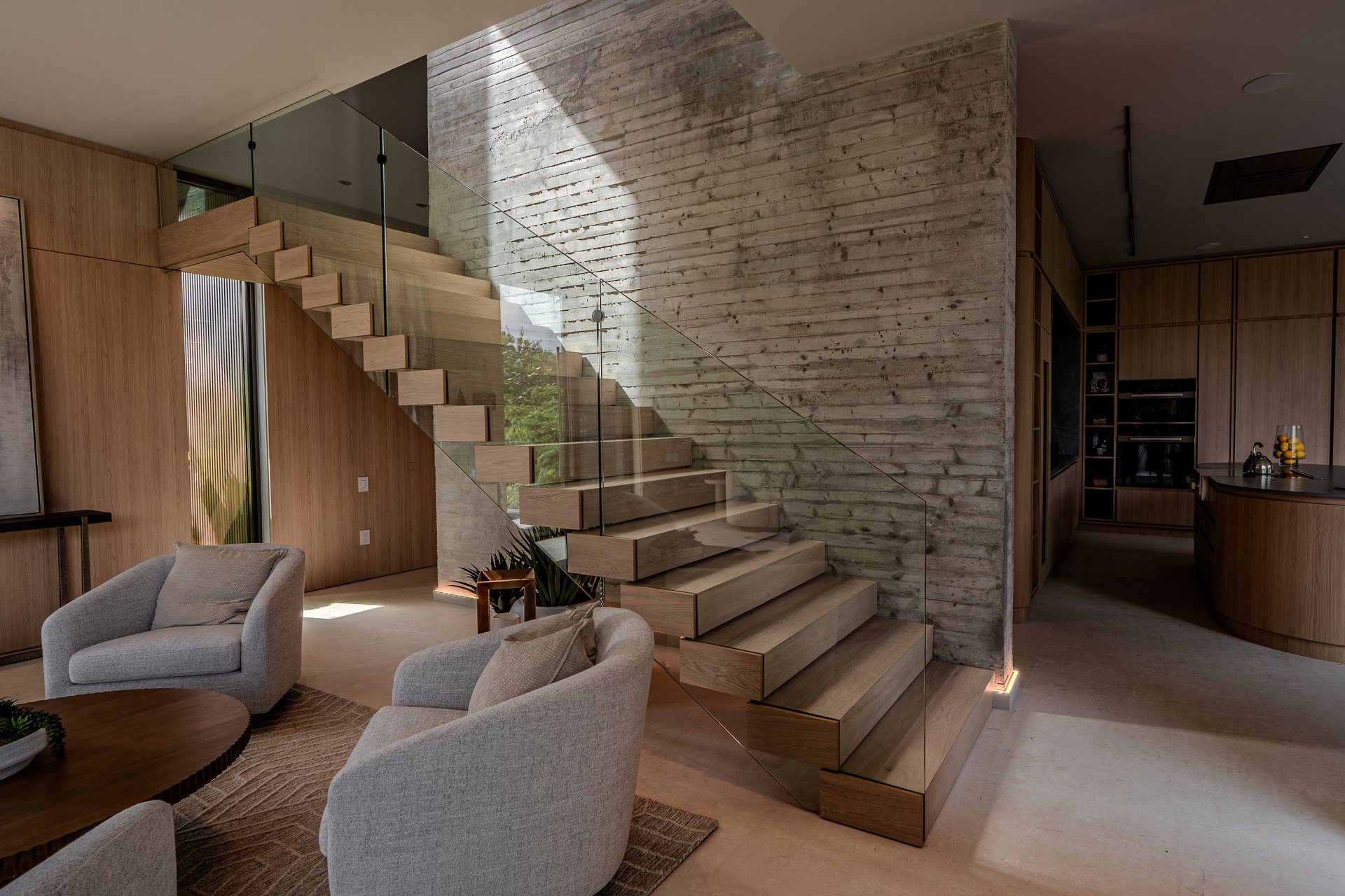 Dragon Millwork — installed floating stair in wood, Jefferson House