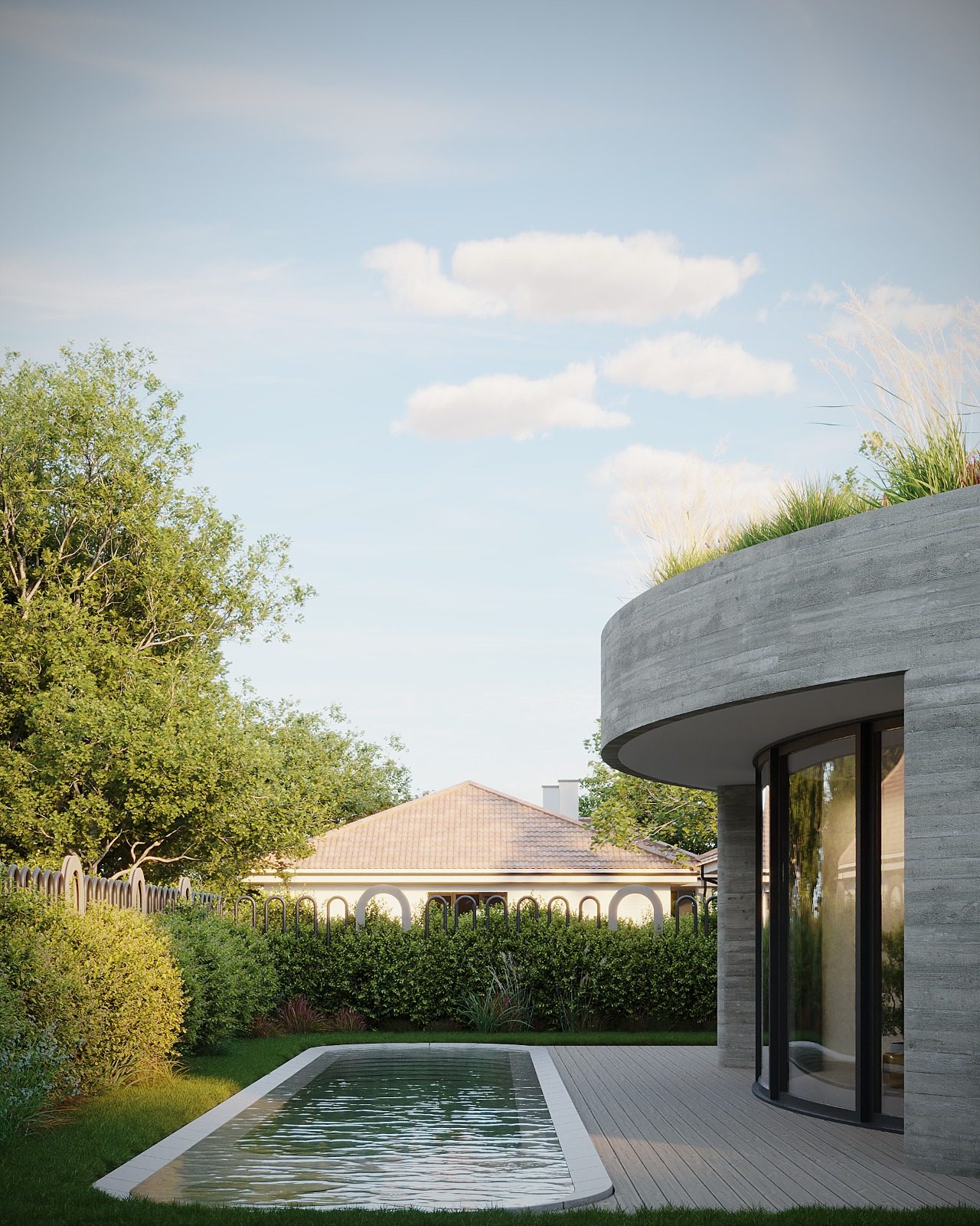 211 — courtyard pool and curved roof