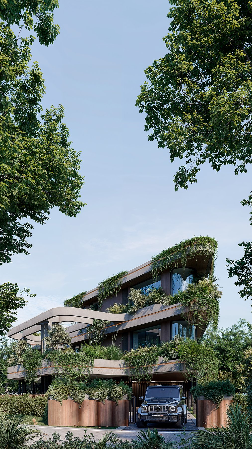 84.XO — arrival and carport beneath the planted terraces