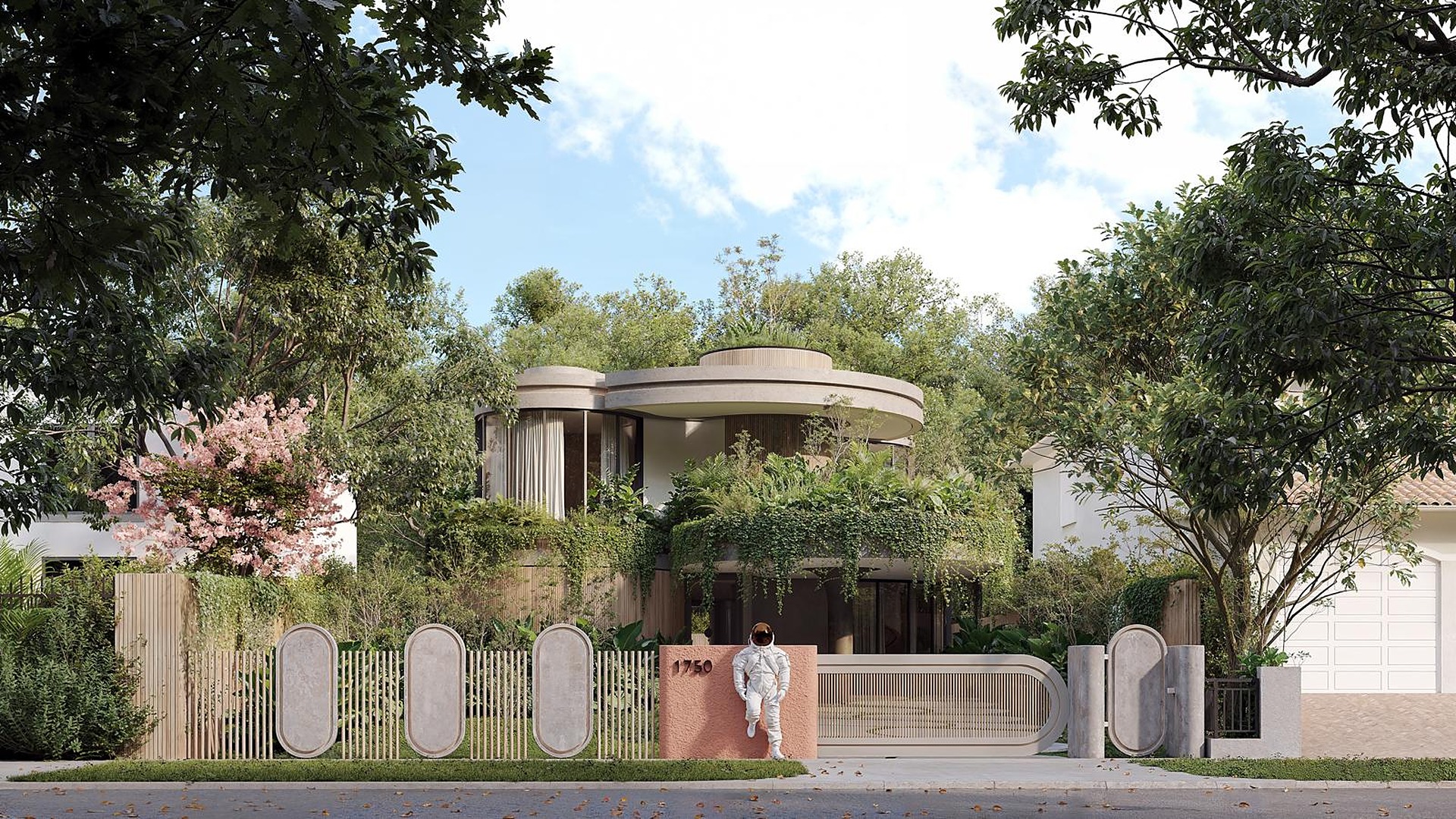 Española — street elevation rendering, curved plaster volumes over a coral-toned garden wall