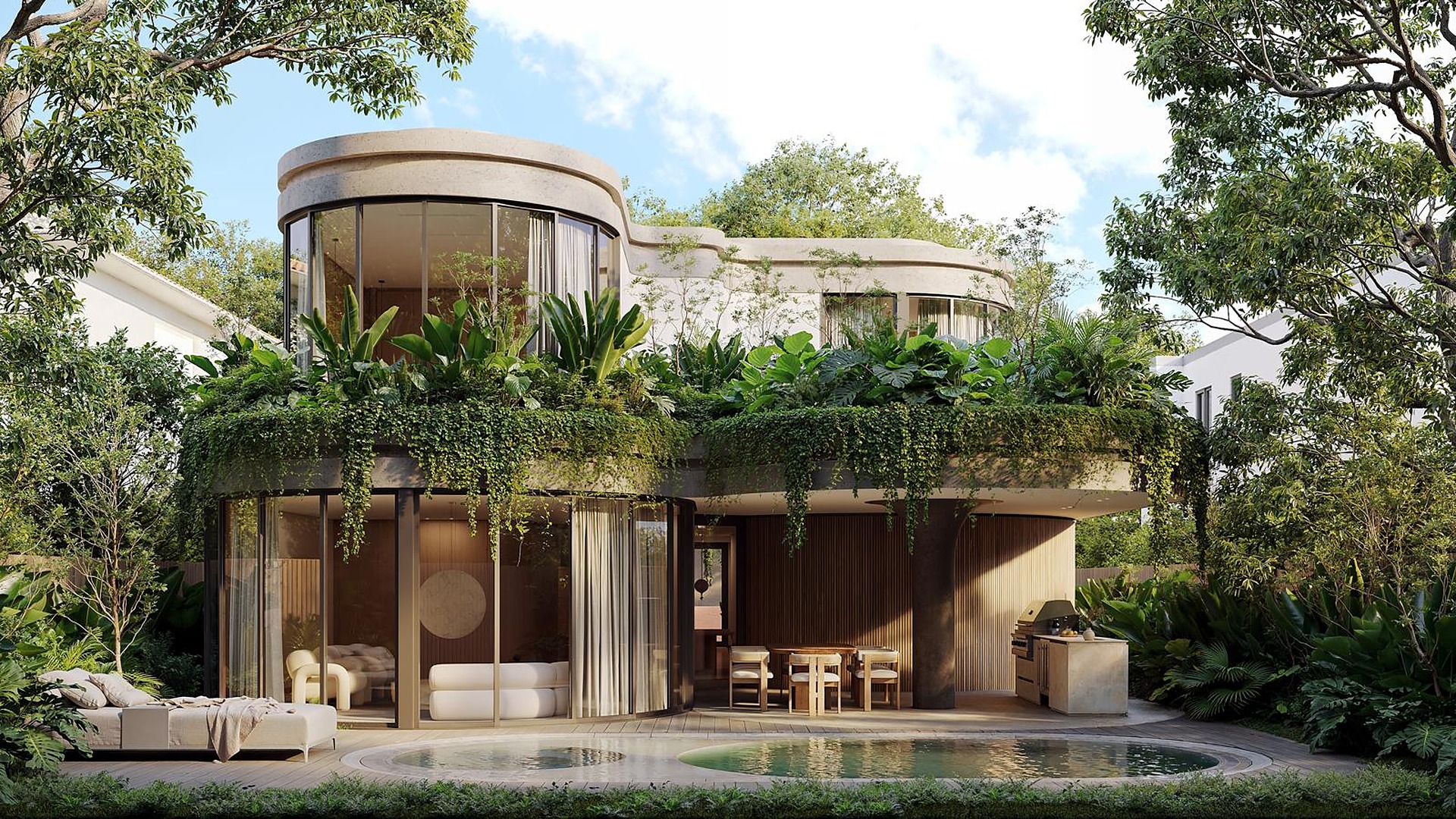 Española — rear elevation with pool, patio and outdoor kitchen under the loggia