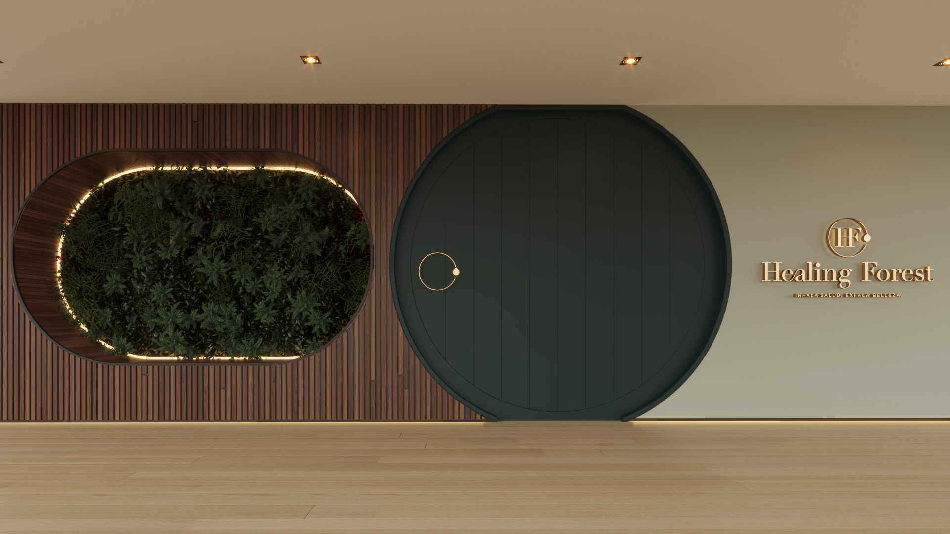 Healing Forest — reception threshold, living wall and brass signage