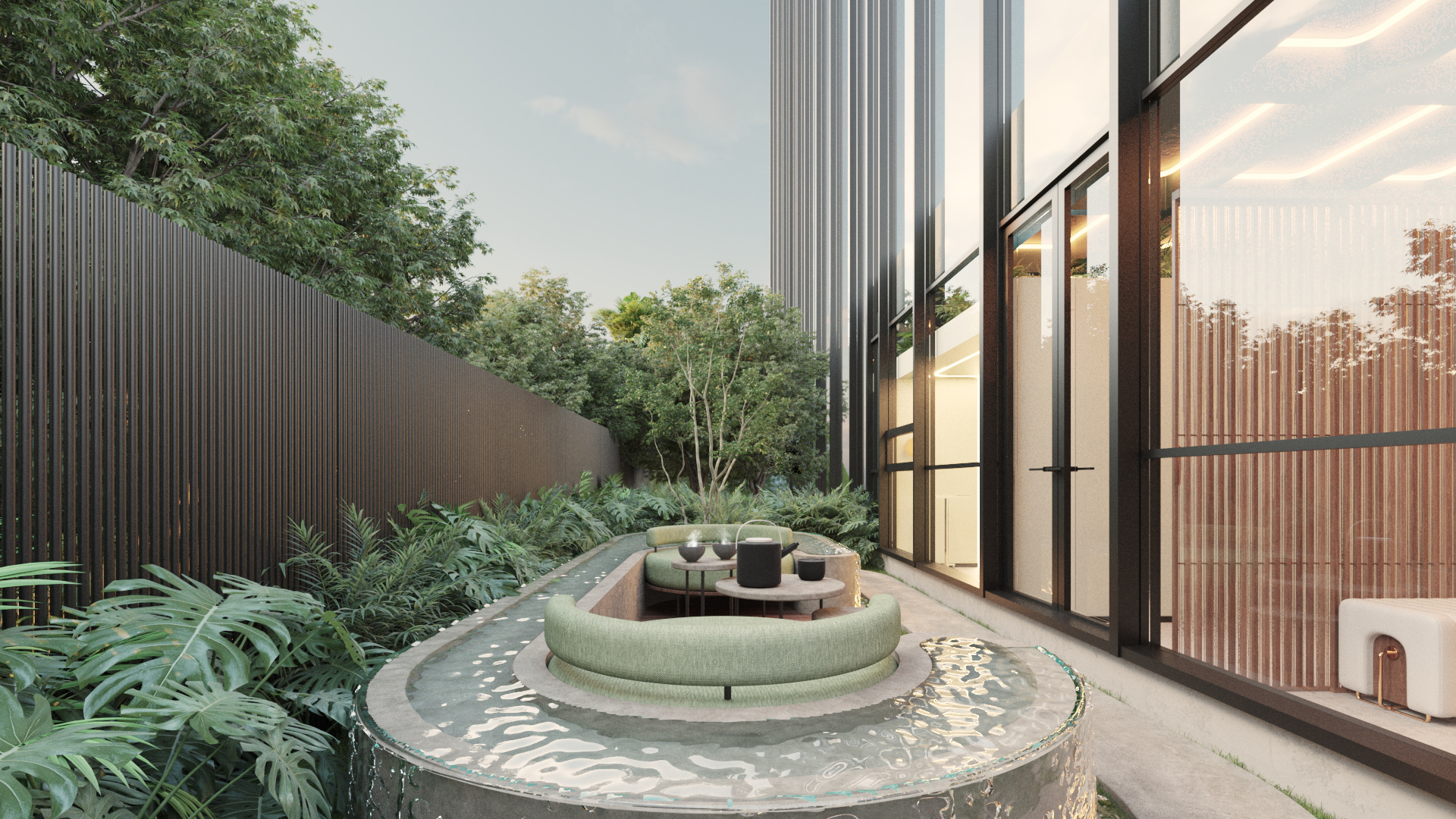 Healing Forest — courtyard lounge along the glass facade