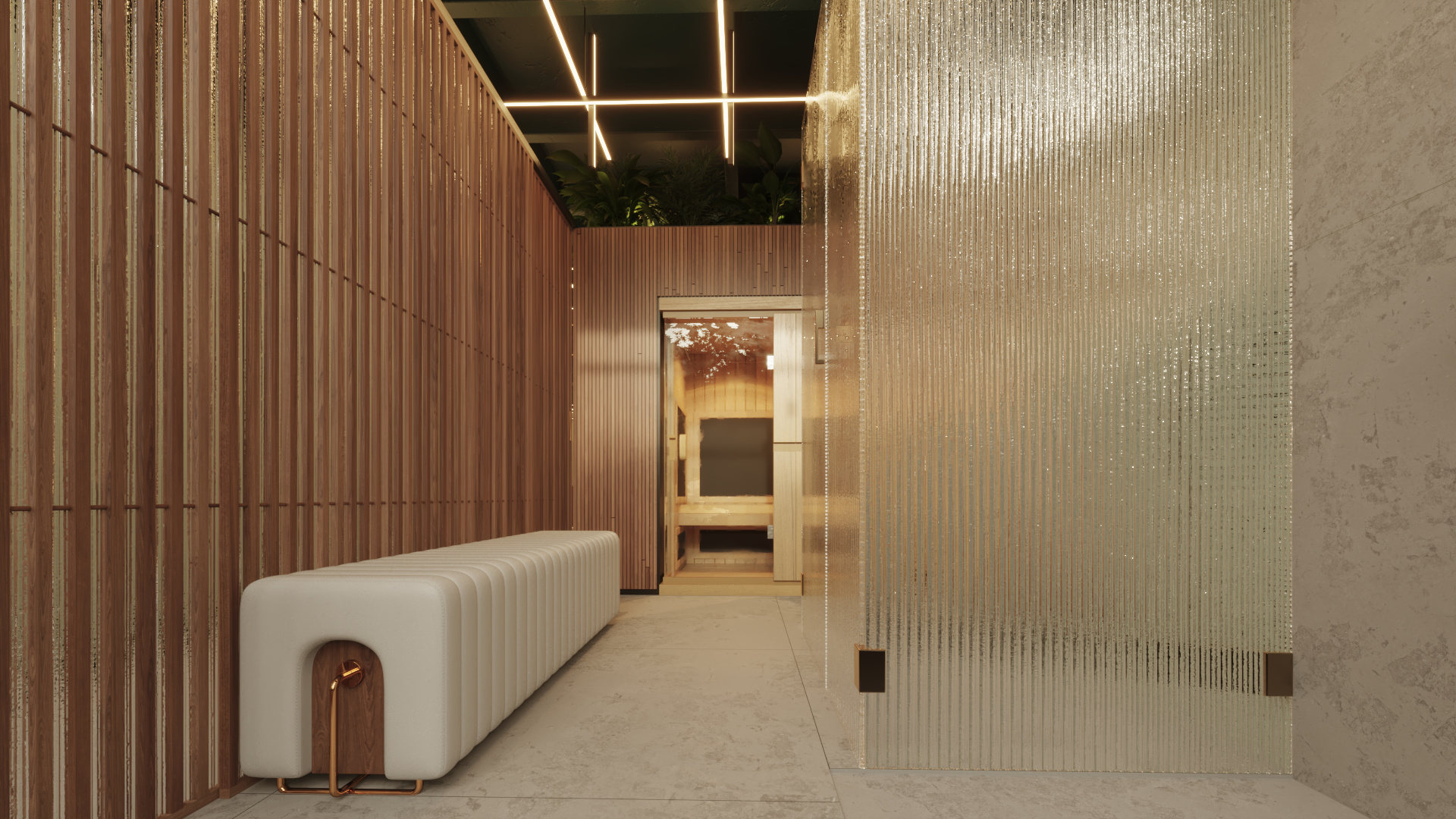 Healing Forest — sauna corridor with reeded glass