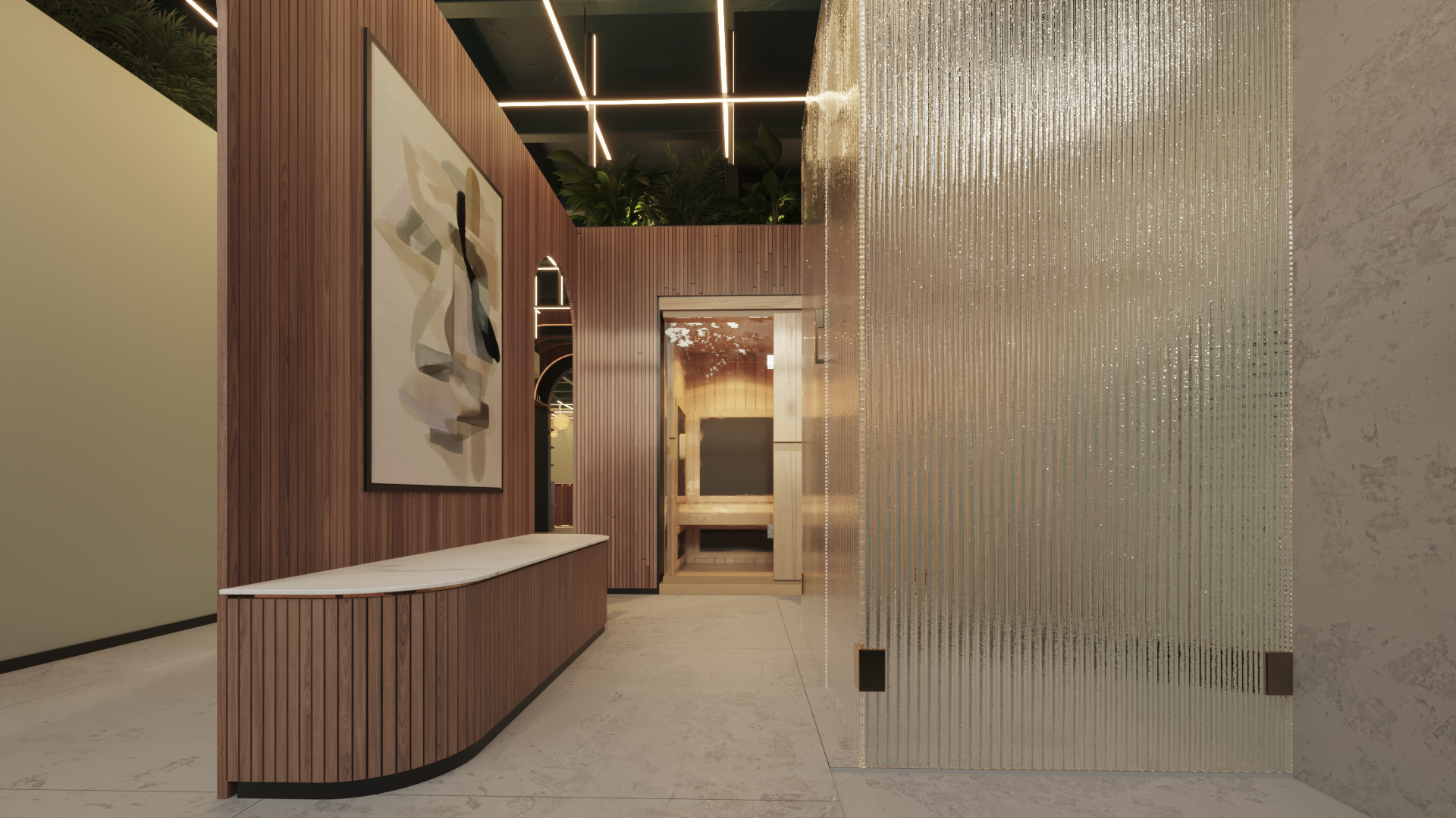 Healing Forest — gallery hallway with reeded glass