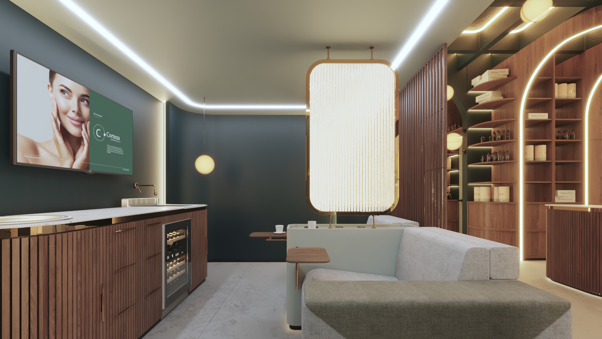 Healing Forest — product lounge and media wall