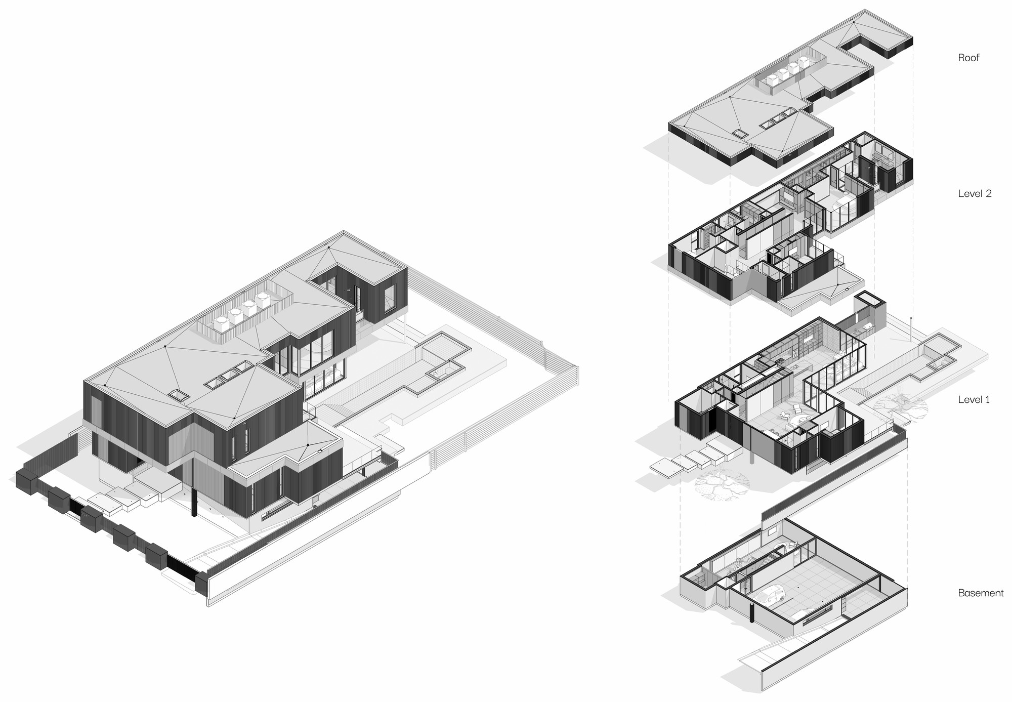 Tigertail Court — site and massing, 3D axonometric