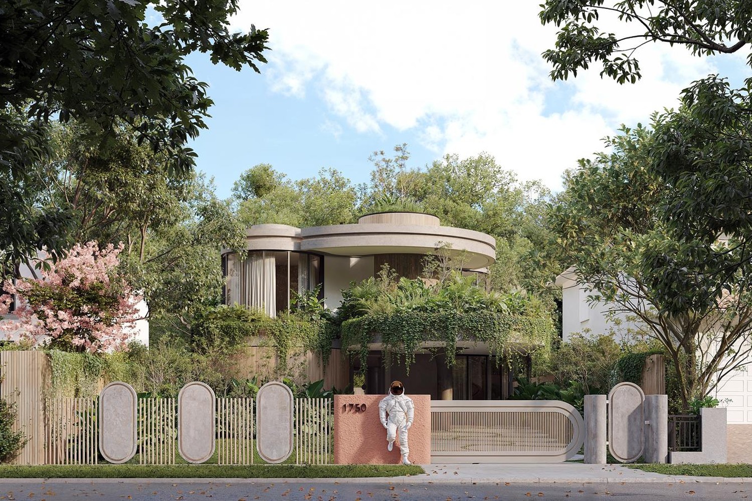Española — street elevation rendering with astronaut, Coconut Grove, Miami