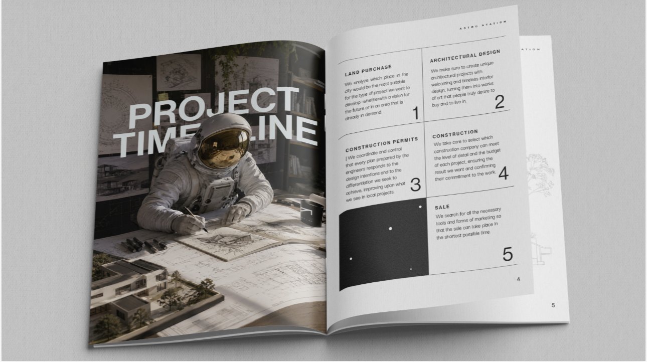 Astro Station project timeline — land, architectural design, permits, construction, delivery